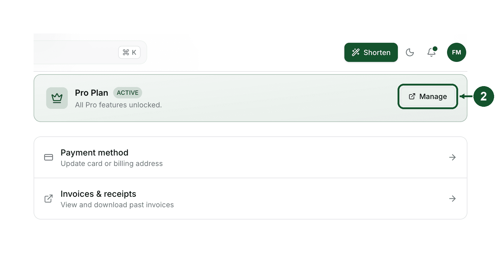 The Manage button on the Billing tab (2), which opens the Polar billing portal