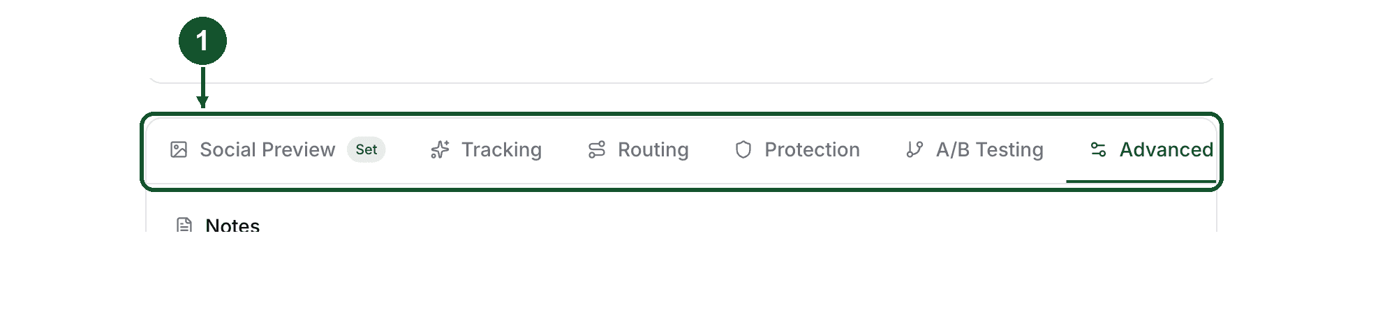 Step 1: the Advanced tab, active among the link editor's other tabs