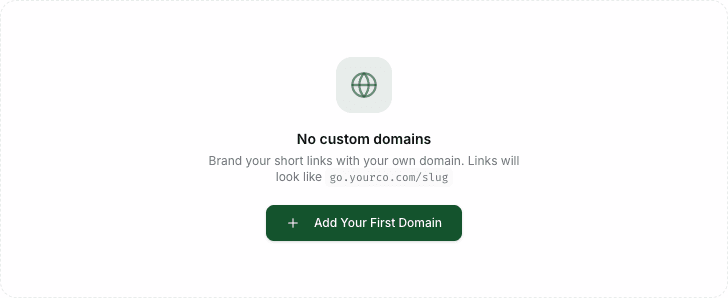 The Domains tab in Settings with the Add Your First Domain button