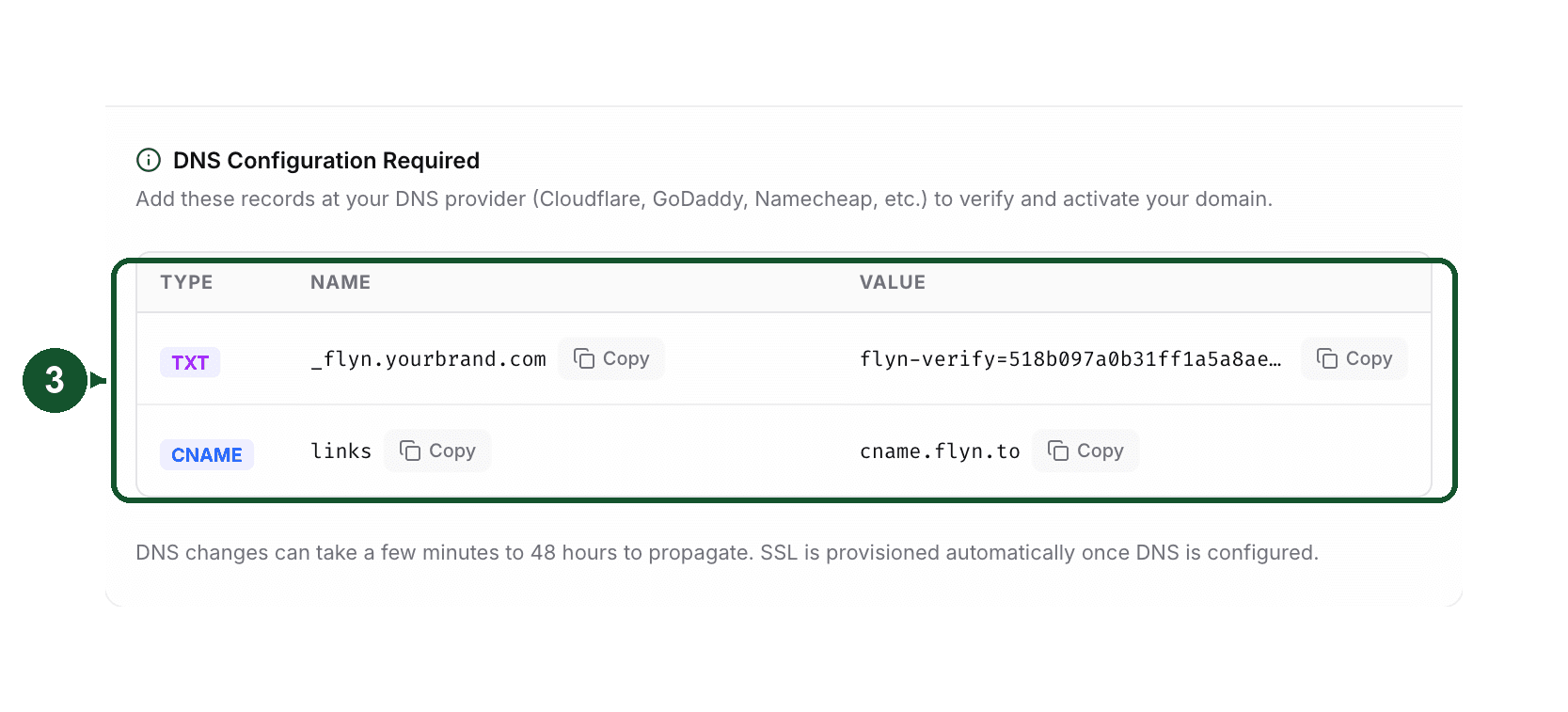 Step 3: the DNS Configuration panel listing the exact TXT and CNAME records, each with a Copy button