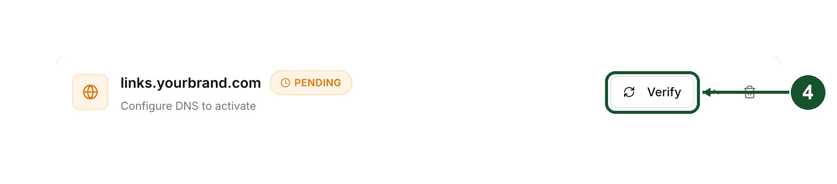 Step 4: the pending domain row with its Verify button