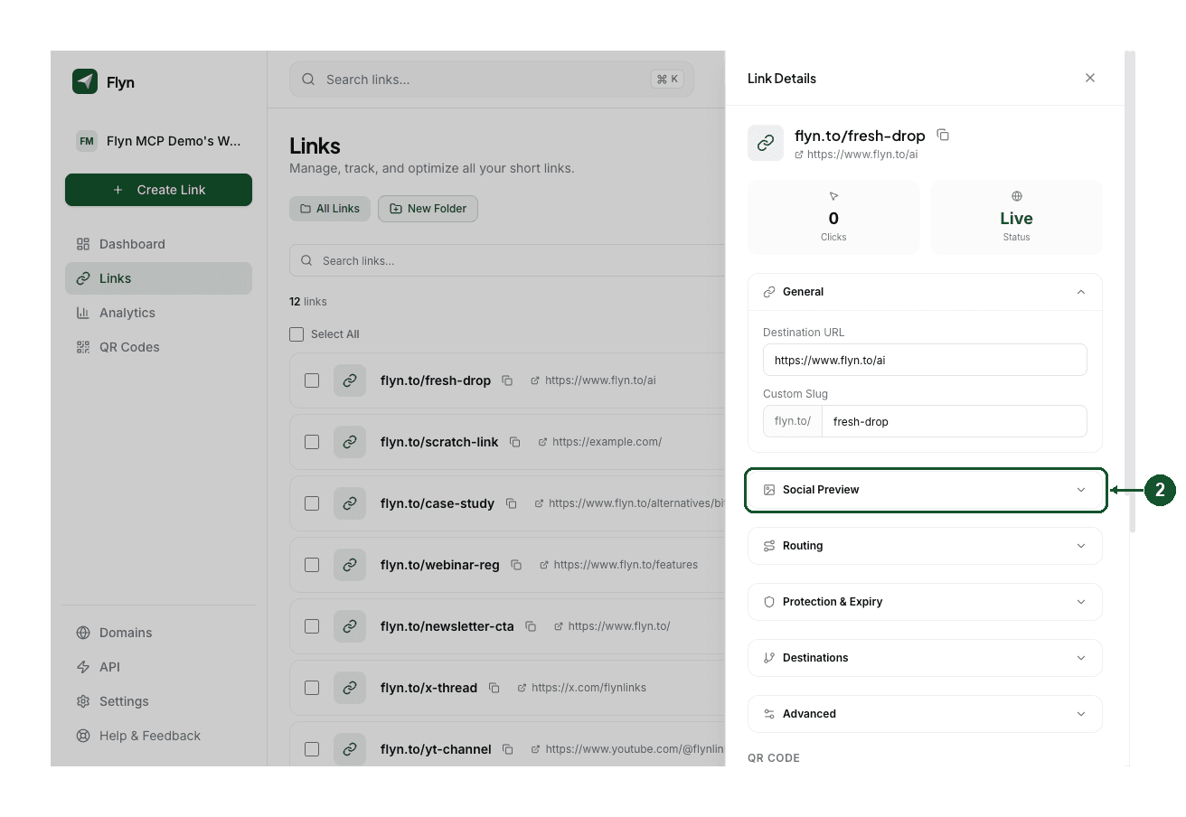 Step 2: the Link Details panel, with the Social Preview section collapsed