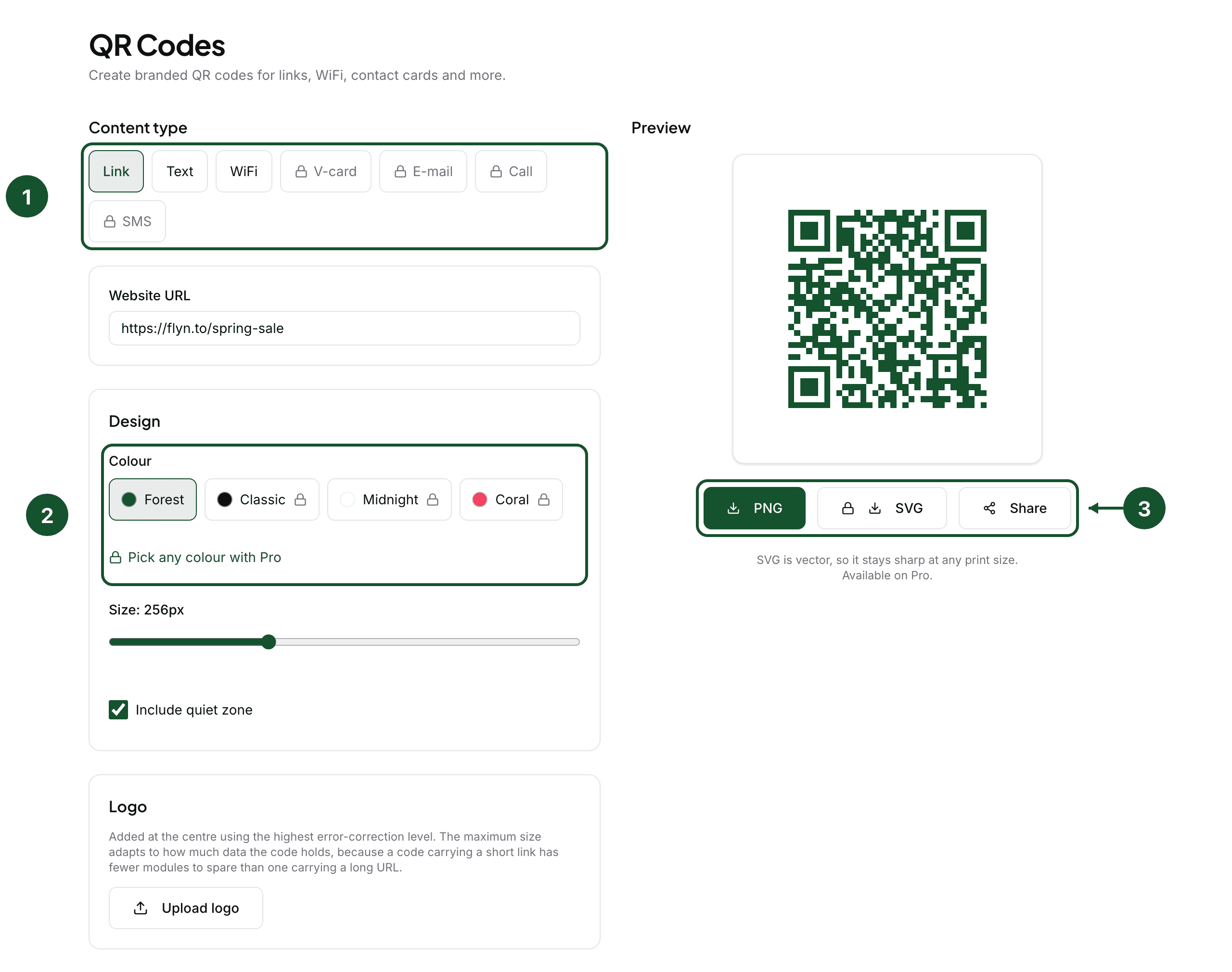 The QR editor: the URL field (1), the color controls (2), and the Download PNG and Share buttons (3)