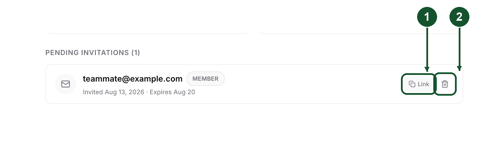 The Pending Invitations list with the Link and revoke buttons on a pending invite