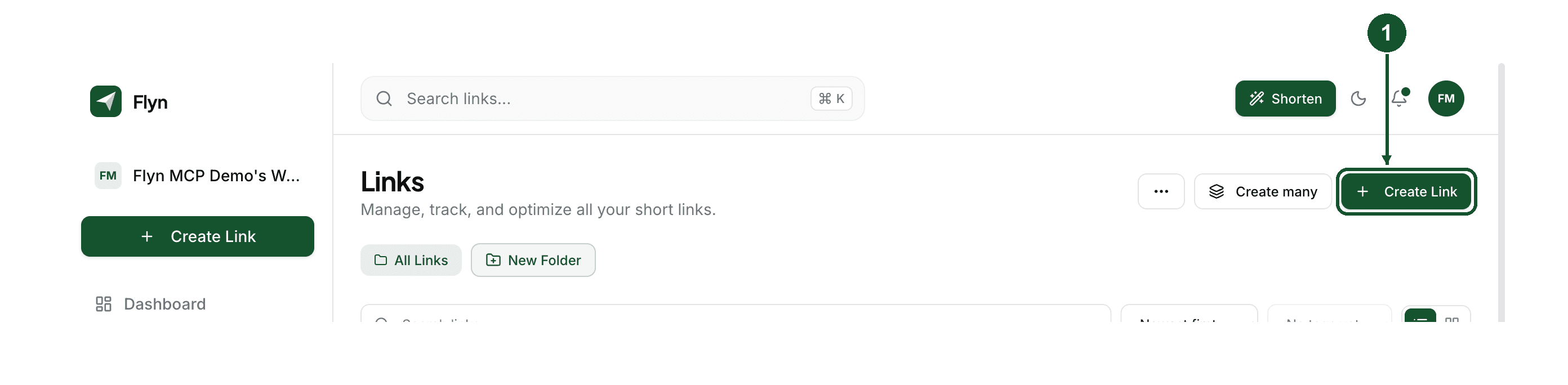Step 1: the Create Link button at the top right of the Links page