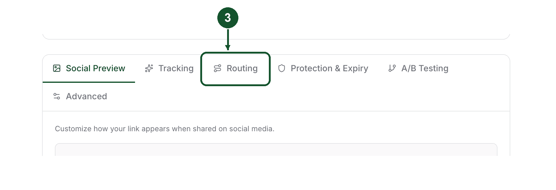 Step 3: the tab bar on the create-link form with the Routing tab highlighted