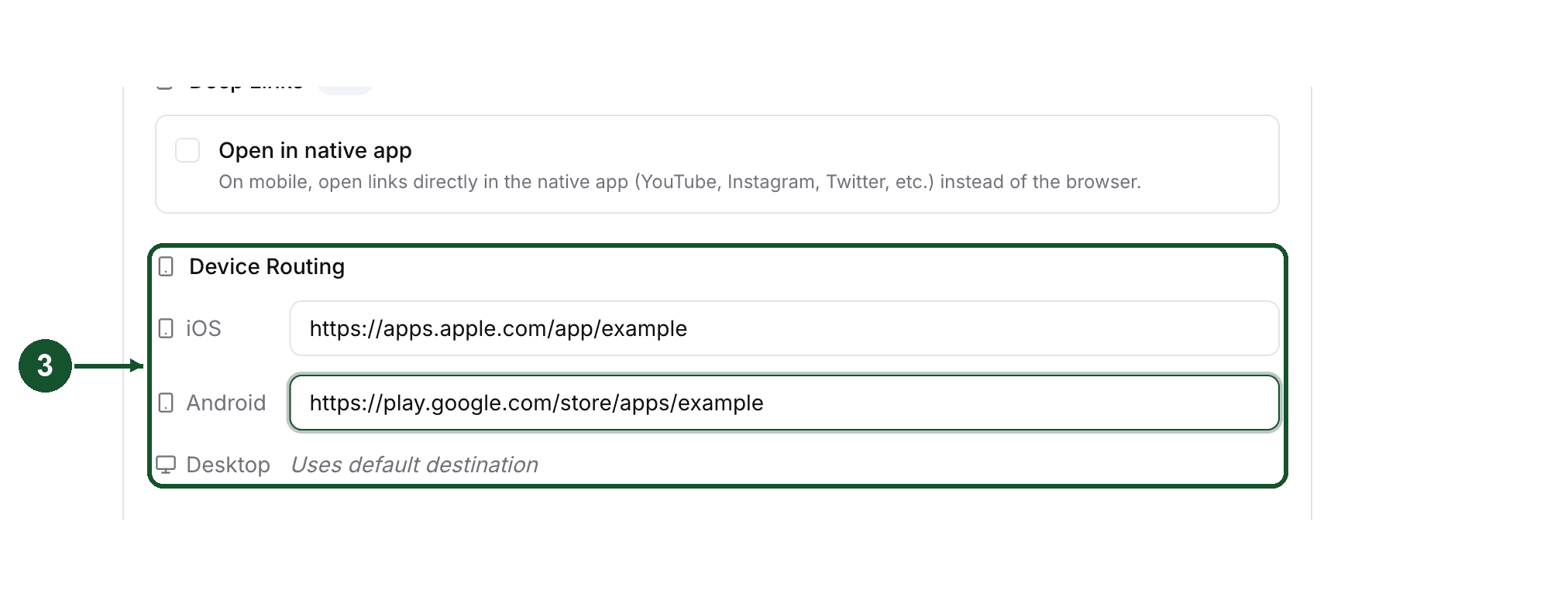 Step 3: the Device Routing section with iOS and Android fields, and the Desktop row that uses the default destination