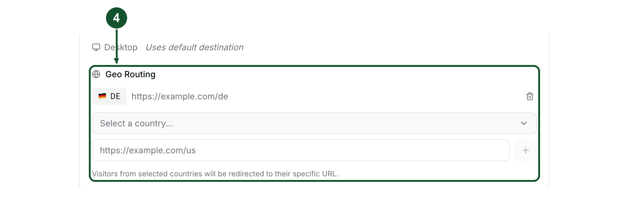 Step 4: the Geo Routing section with a saved Germany rule above the country picker