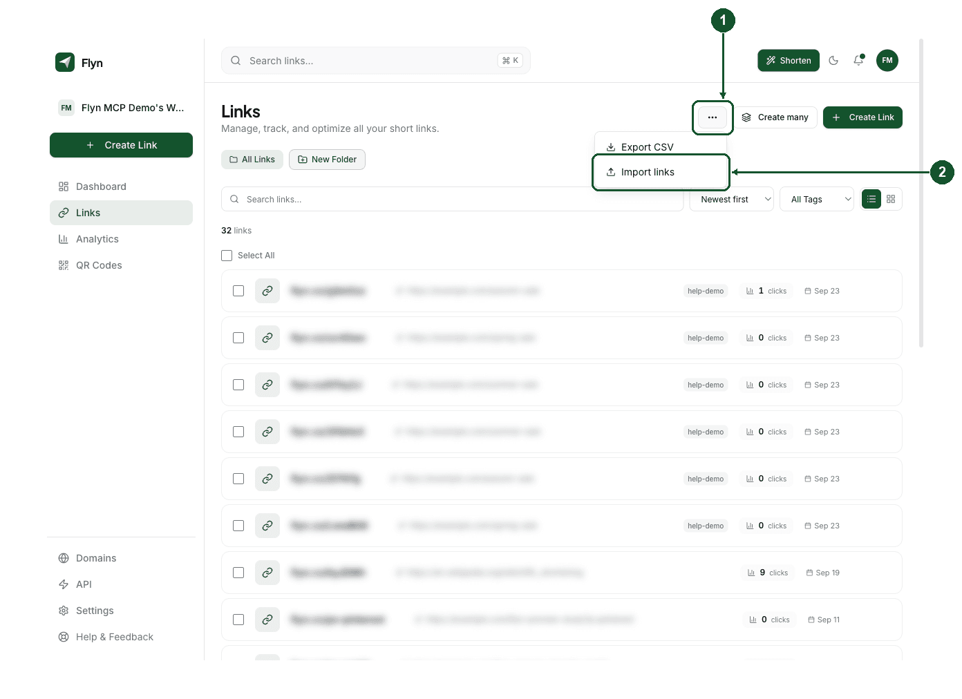 The Links page on a paid plan: the three-dots button (1) opens a menu with Import links (2)