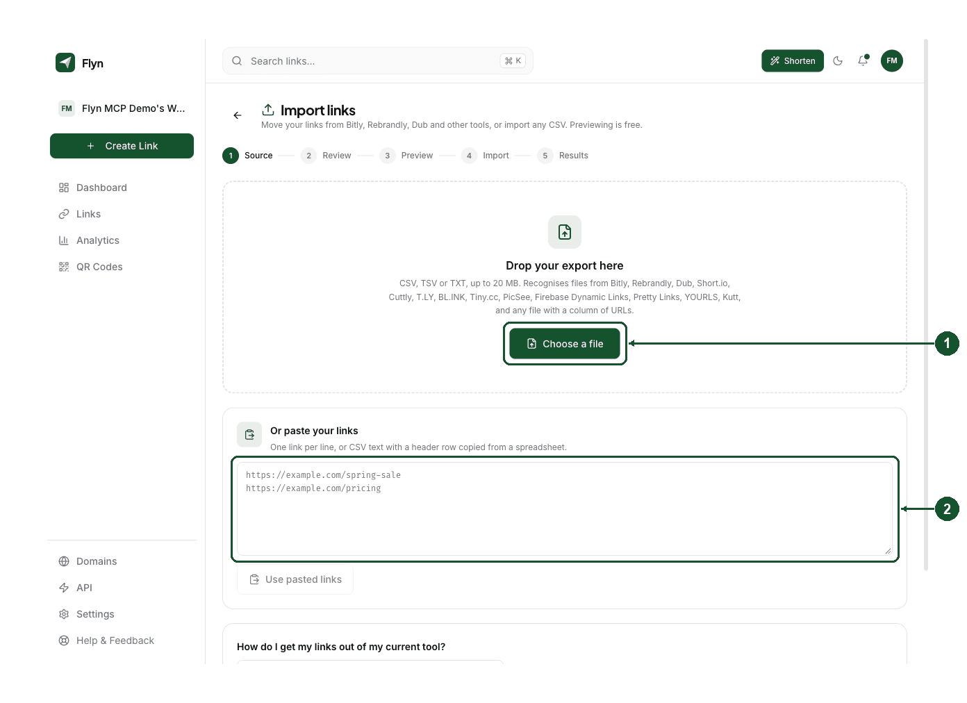 The Source step: Choose a file (1) in the drop zone, or paste your links into the box (2)