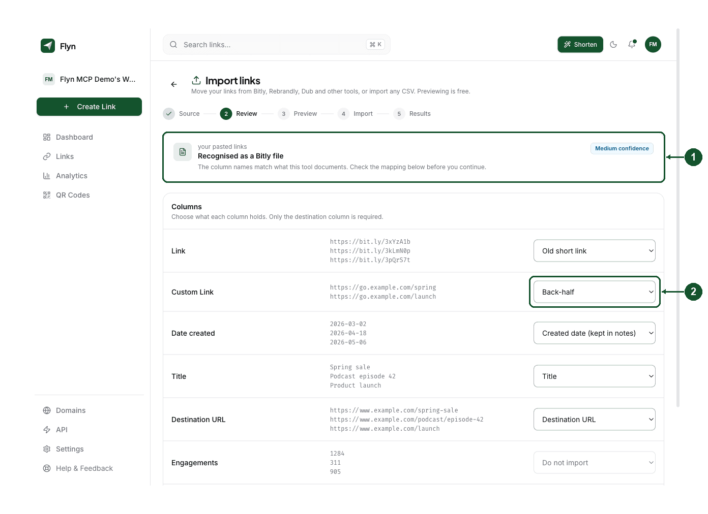 The Review step: the detected tool and its confidence (1), and a mapping menu for each column (2)