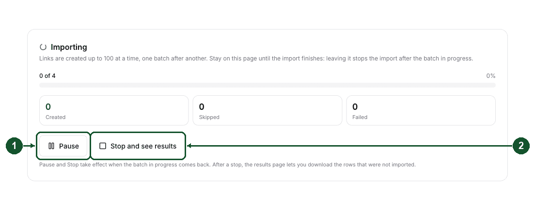 Close-up of the progress bar with Pause and Stop and see results