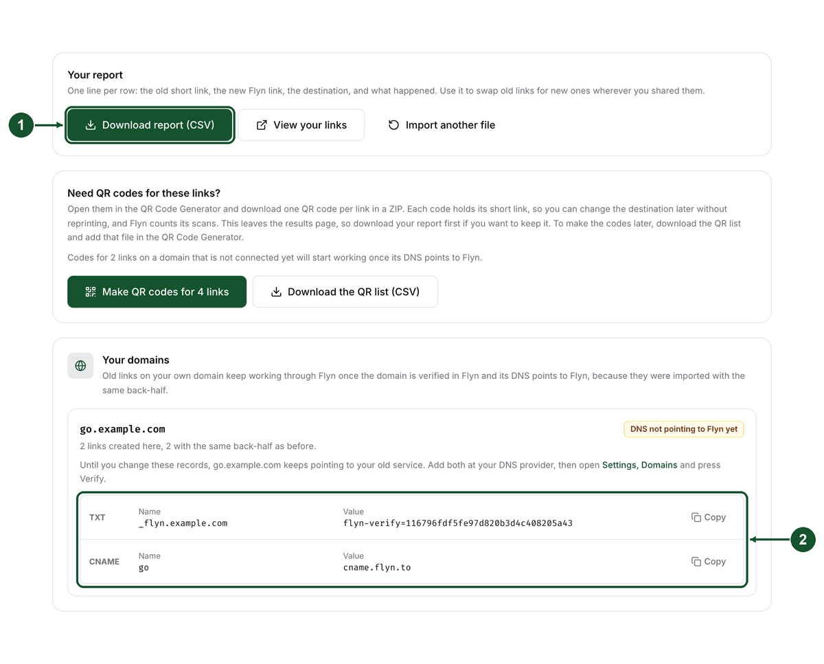 Close-up of the report button and the Your domains records