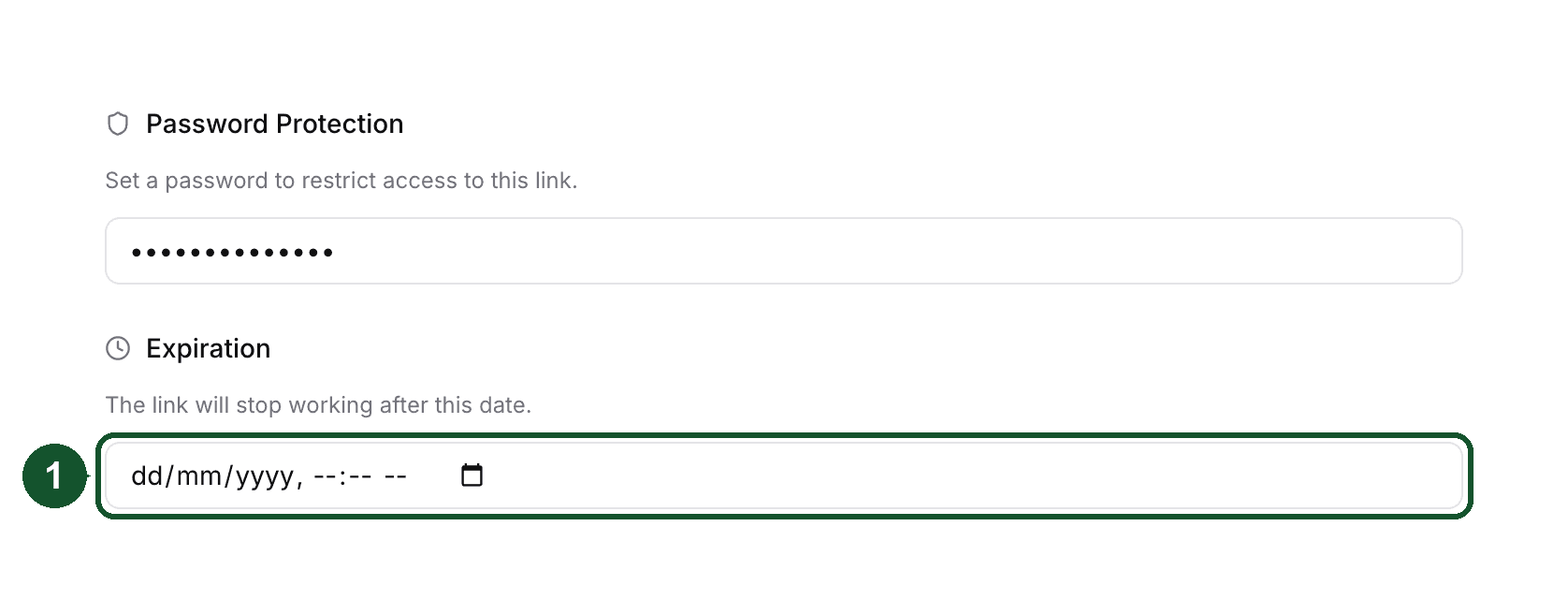 Setting 1: the expiration date field in the link's Protection settings
