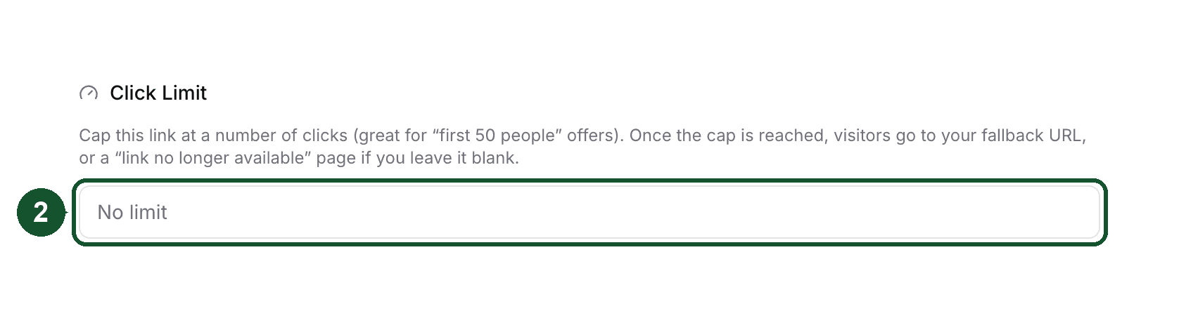 Setting 2: the Click Limit field in the link's Advanced settings, whose helper text explains the fallback URL