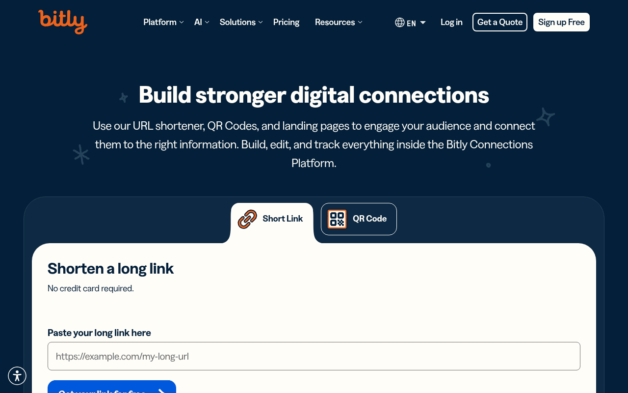 Bitly homepage, 2026