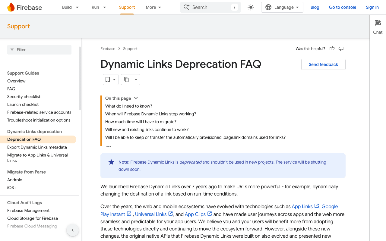Firebase Dynamic Links deprecation FAQ, service shut down Aug 2025
