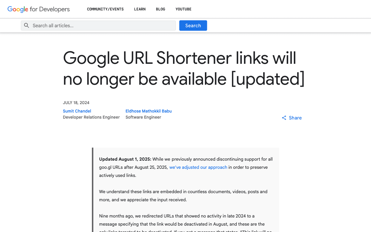 Google URL Shortener (goo.gl) shutdown notice, service discontinued
