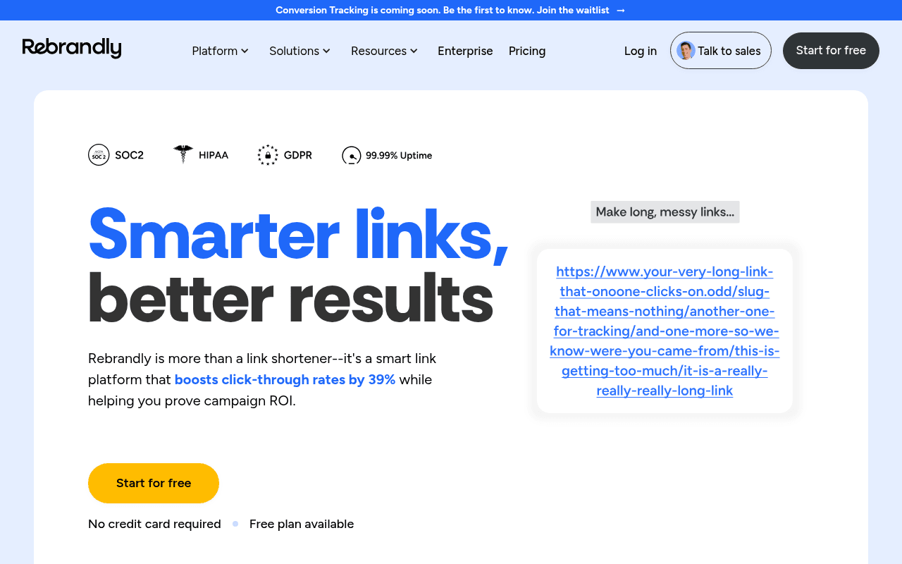 Rebrandly homepage, 2026