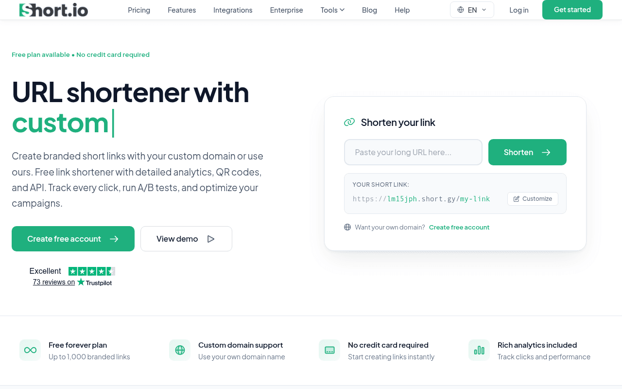 Short.io homepage, 2026