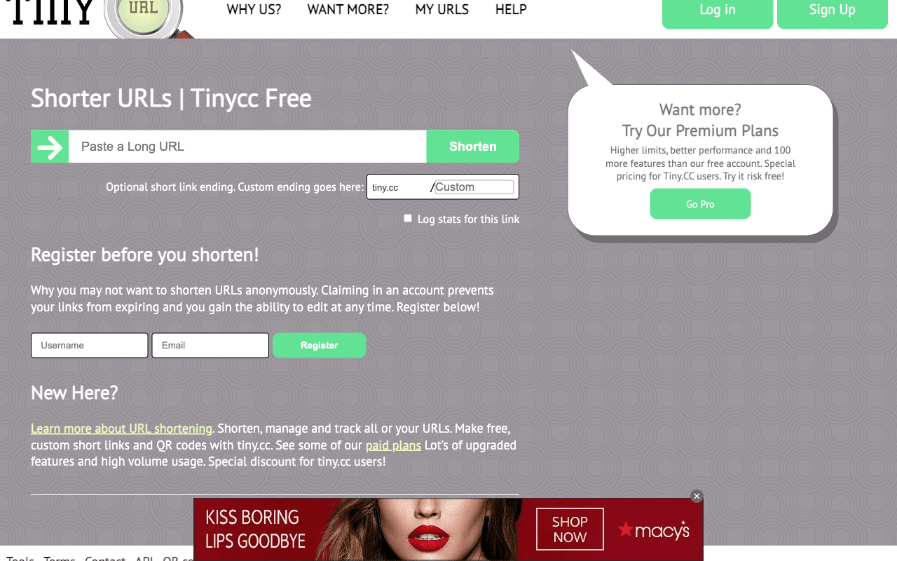 Tiny.cc homepage, basic URL shortener since 2006