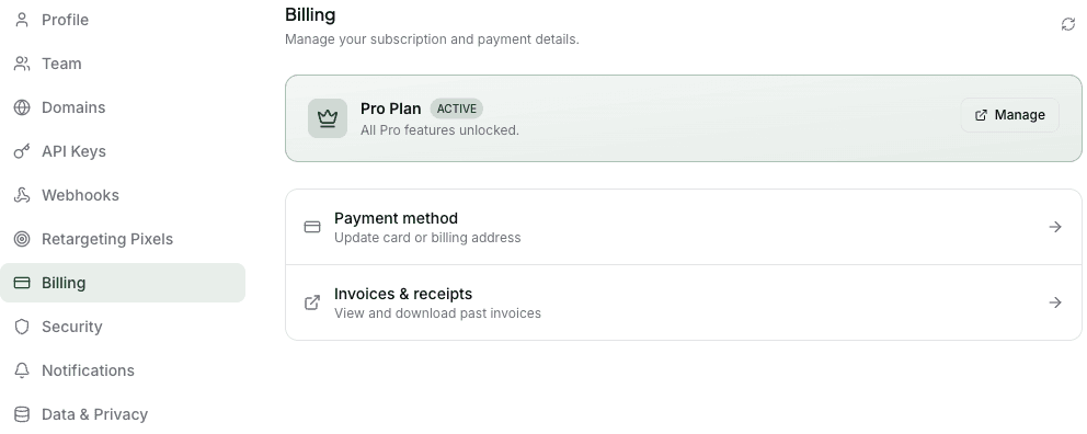 The Billing tab inside Settings, in the settings navigation