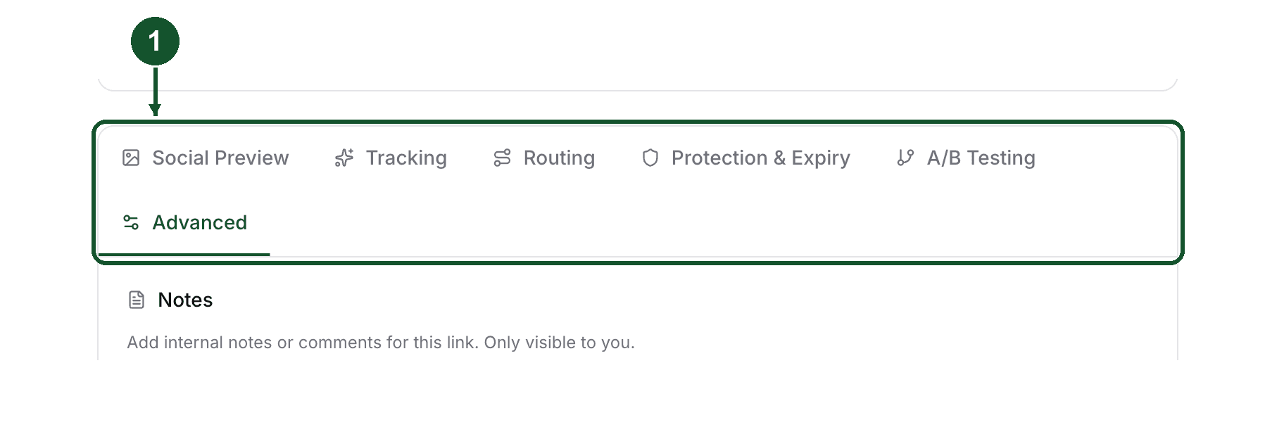 Step 1: the Advanced tab, active among the link editor's other tabs