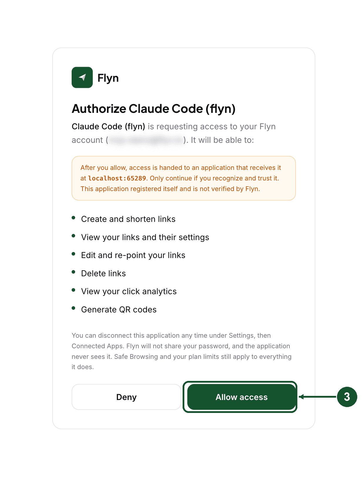 The Flyn authorization page naming the application and listing what it can do