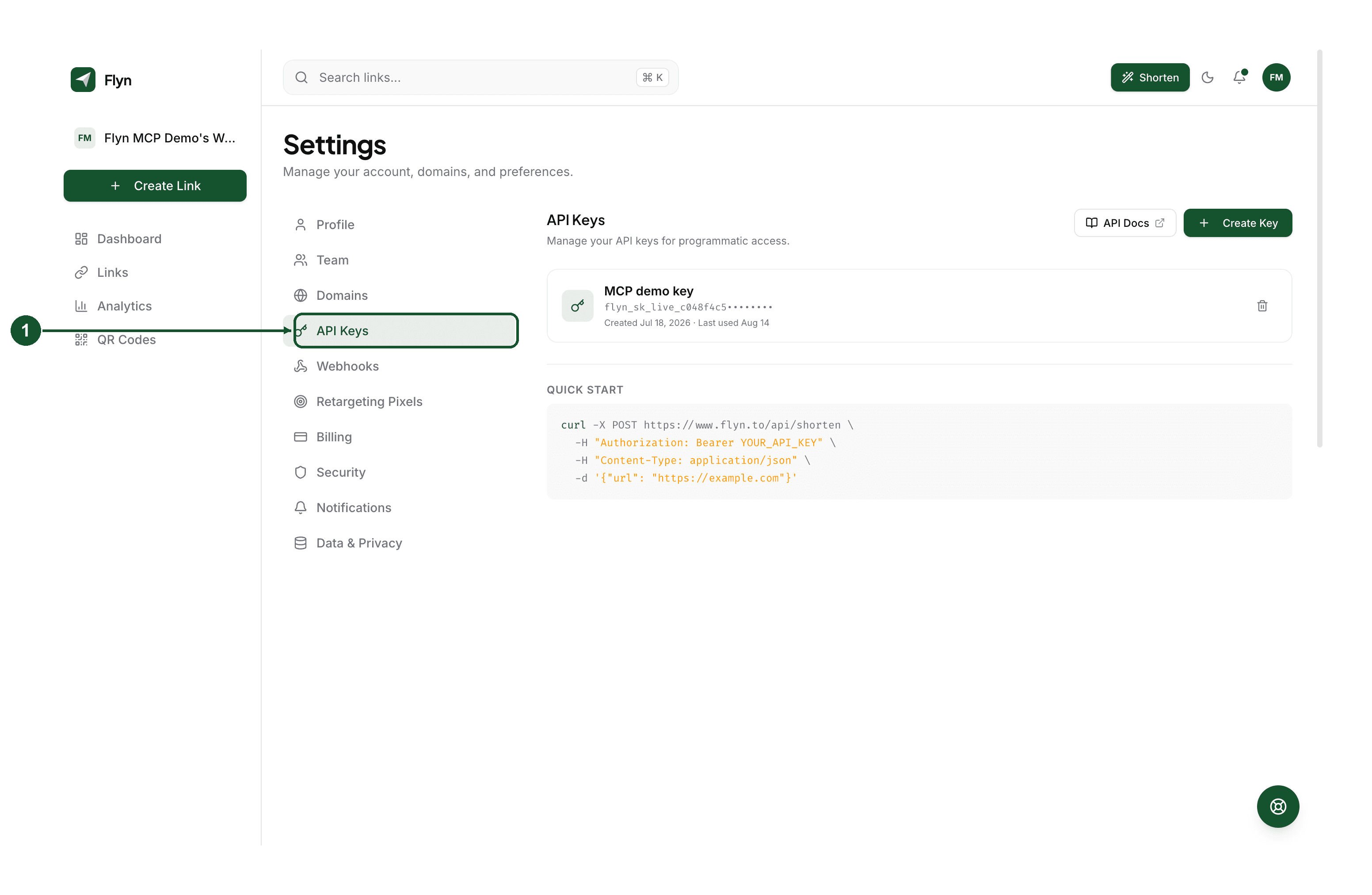 Step 1: the Settings page with API Keys selected in the left-hand list