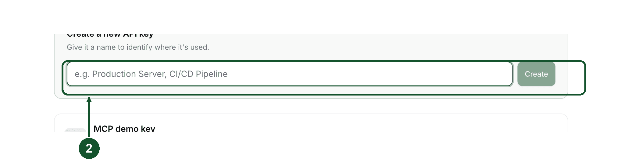 Step 2 close up: name the key, then click Create