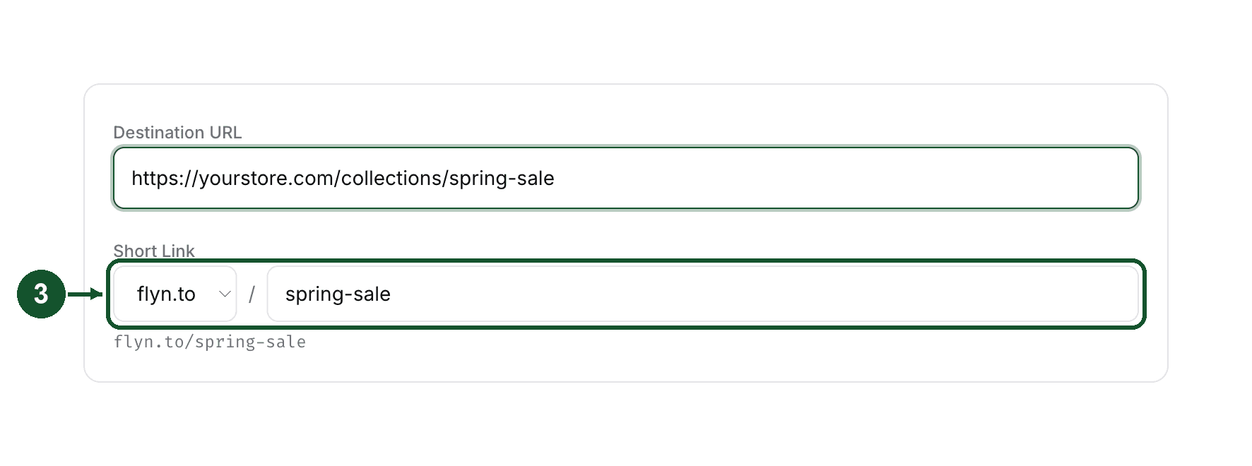 Step 3: the Short Link row with the domain, the custom slug, and the live preview underneath