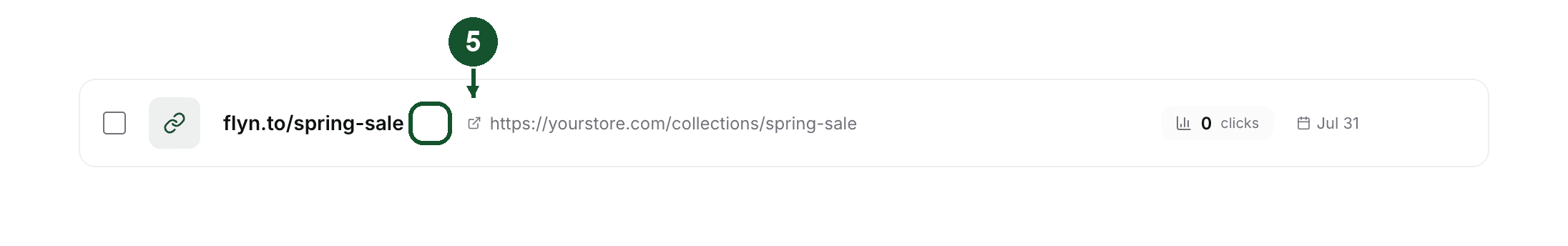 Step 5: the new link's row in the Links list, with the copy icon highlighted next to the slug