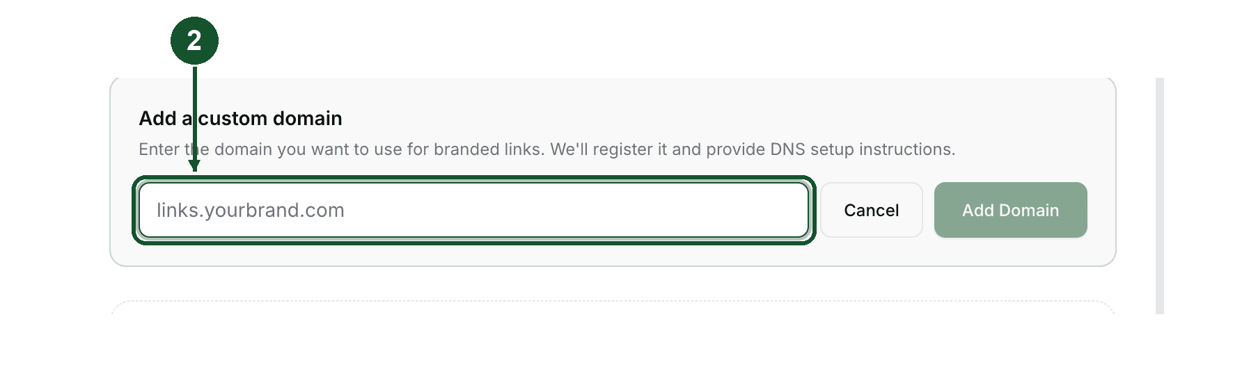 Step 2: the Add a custom domain field, ready for the subdomain