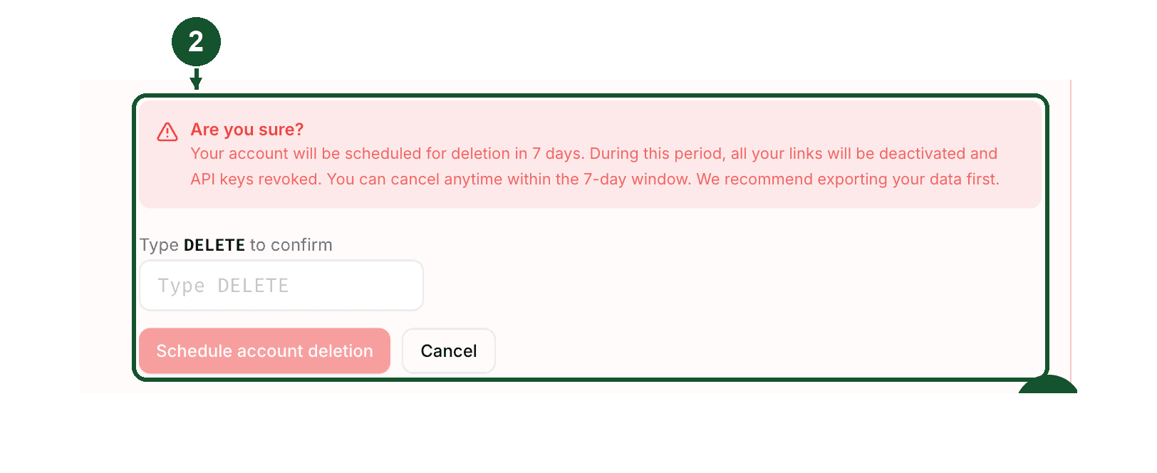 Step 2: the confirmation box that opens after clicking Delete my account
