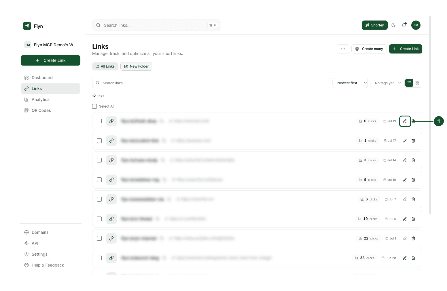 Step 1: the Links page, with the pencil icon showing on the right of a link row