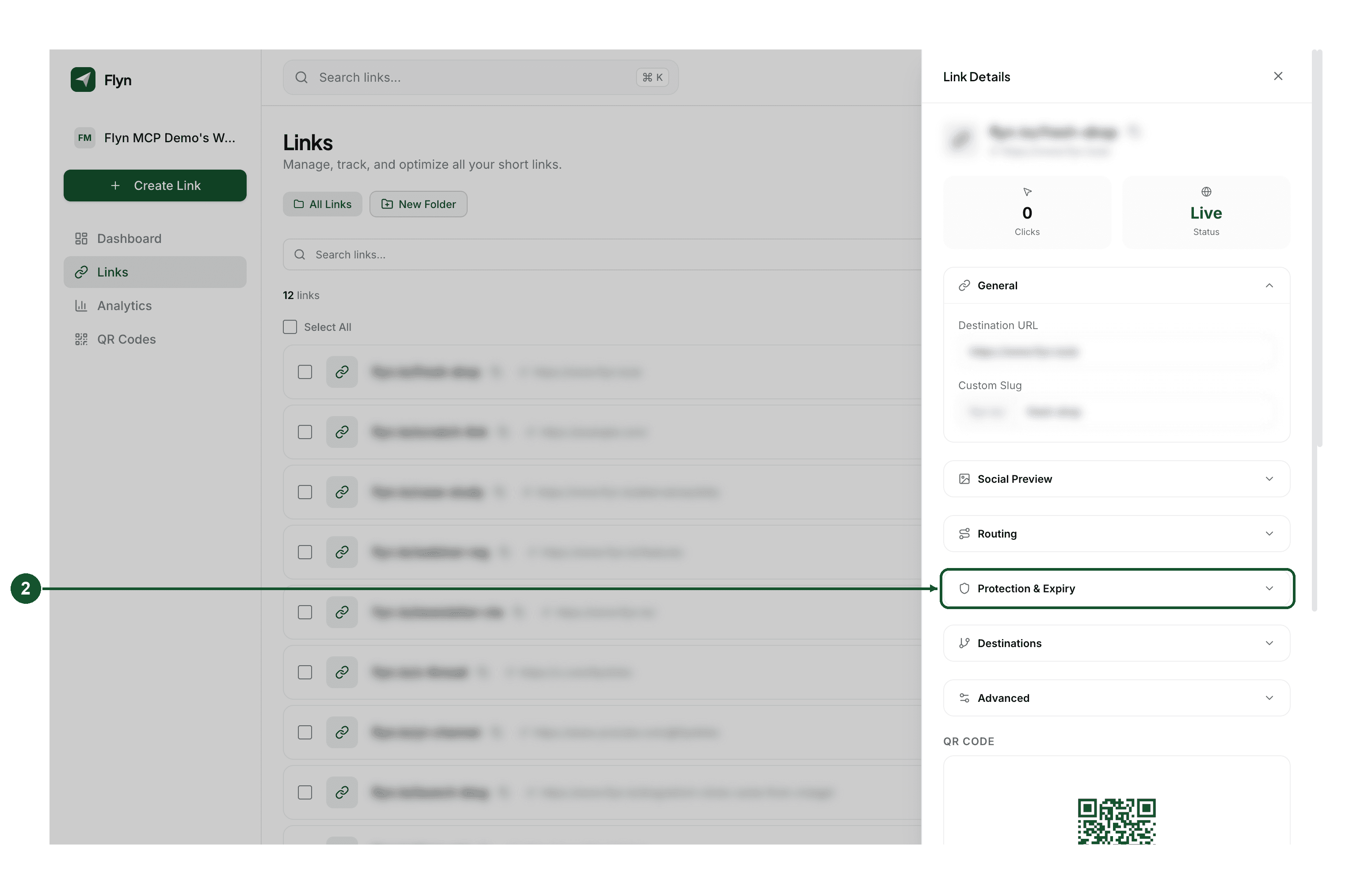 Step 2: the Link Details panel, with Protection sitting closed between Routing and Destinations
