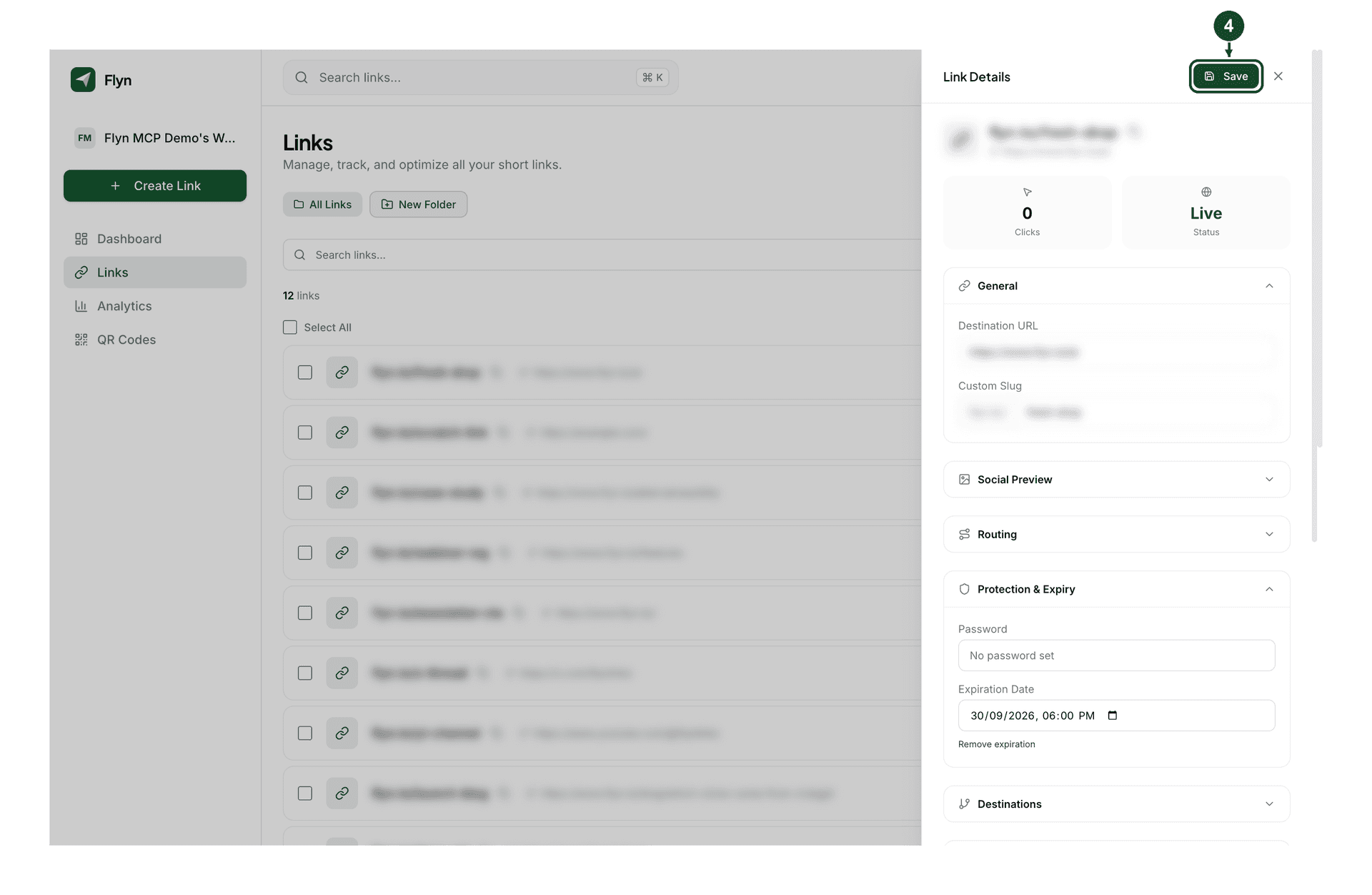 Step 4: with a date entered, the Save button appears at the top of the Link Details panel