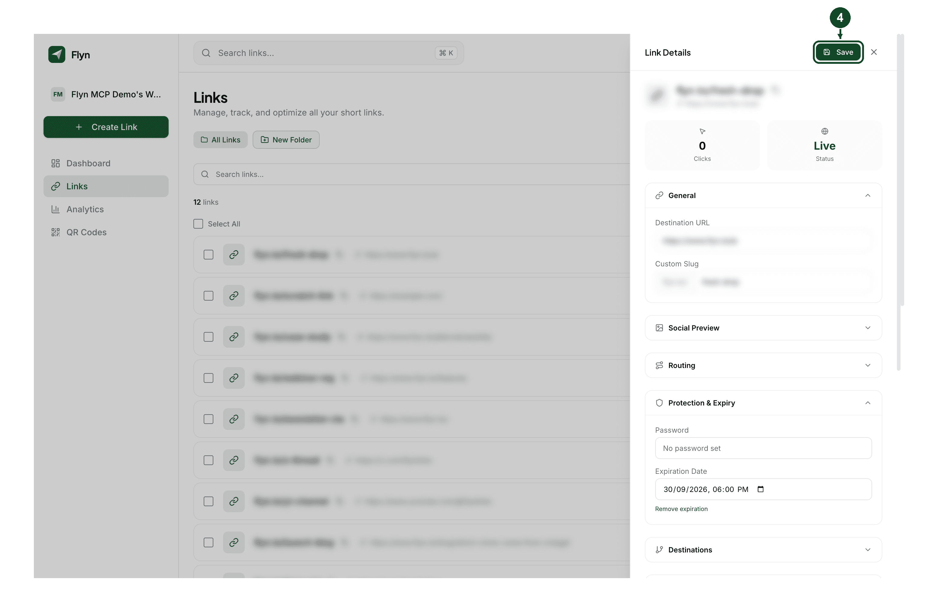 Step 4: with a date entered, the Save button appears at the top of the Link Details panel