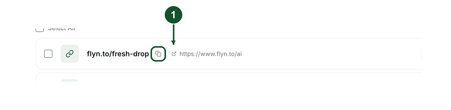 The copy icon on a link's row, next to the slug