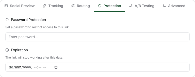 The Protection tab of the link editor, with the password field and expiration date