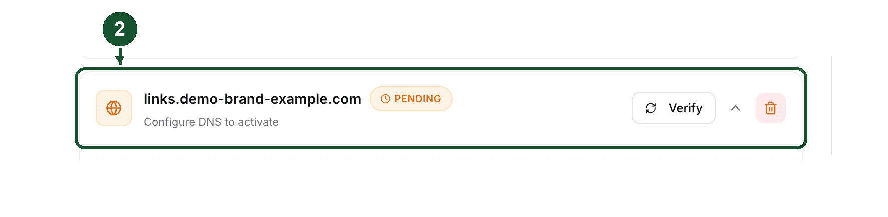 Step 2: a domain row with the trash icon armed red after the first click