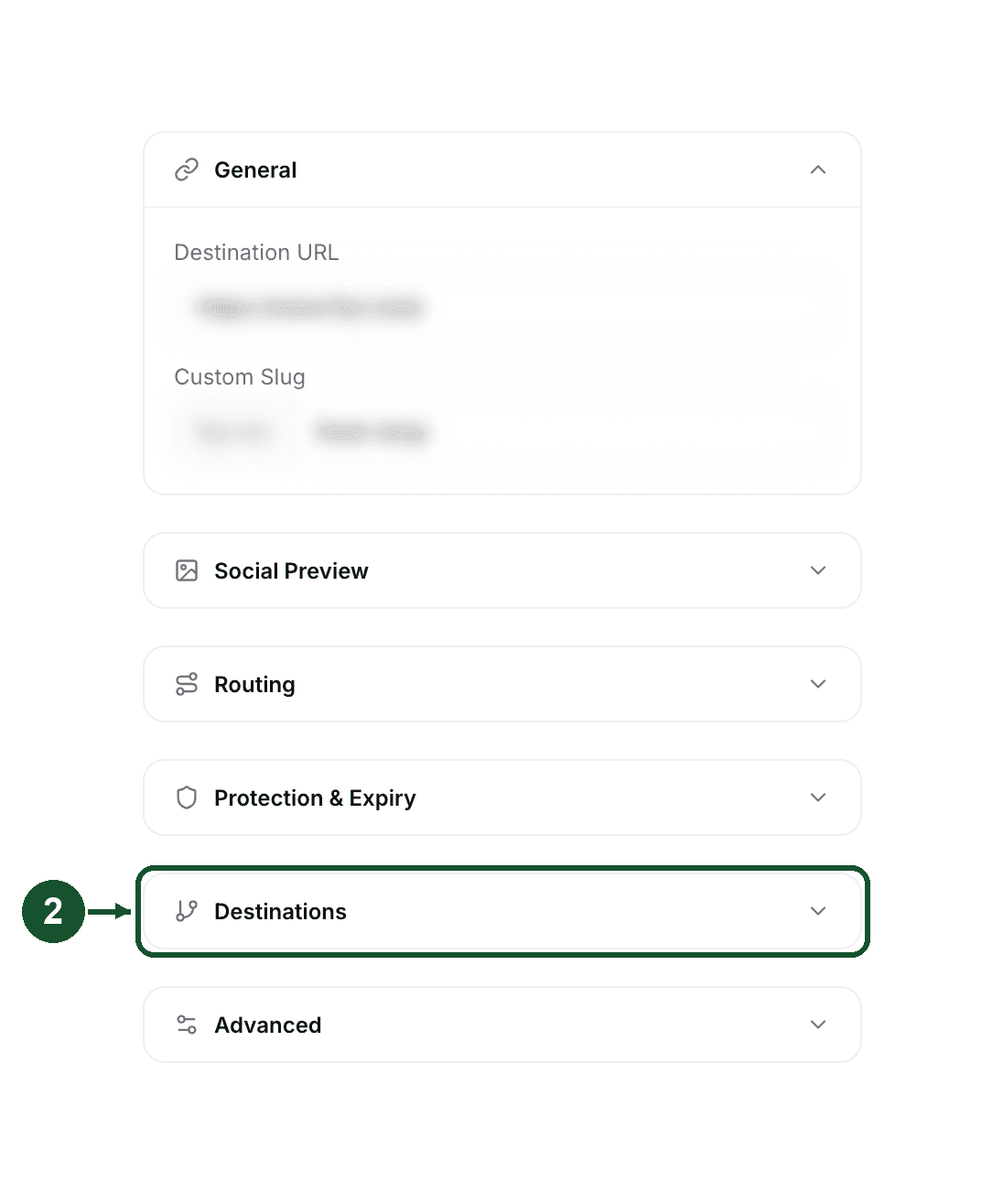 Edit step 2: the collapsed Destinations section in the Link Details panel