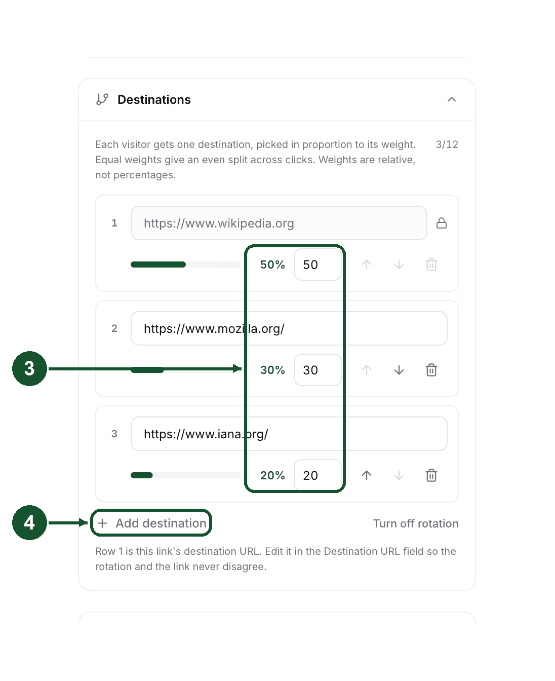 Edit step 3: the destination rows and the Add destination button inside the edit panel