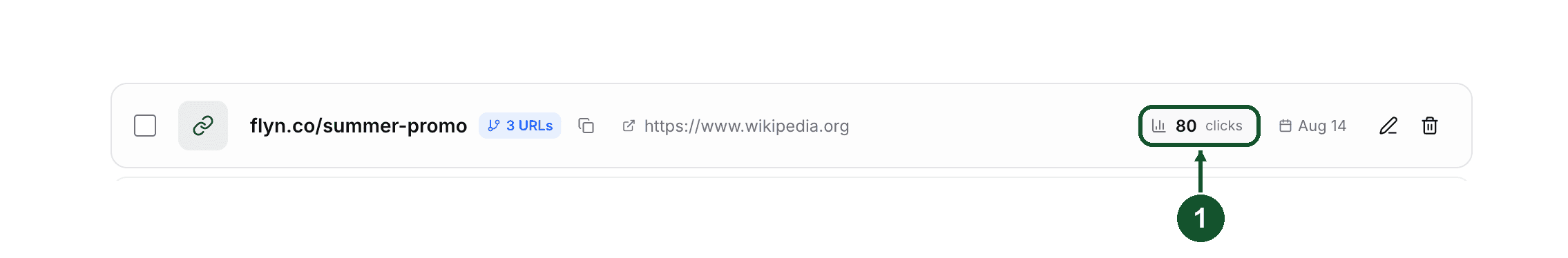 Read step 1: the click count chip on a link's row, which opens that link's analytics