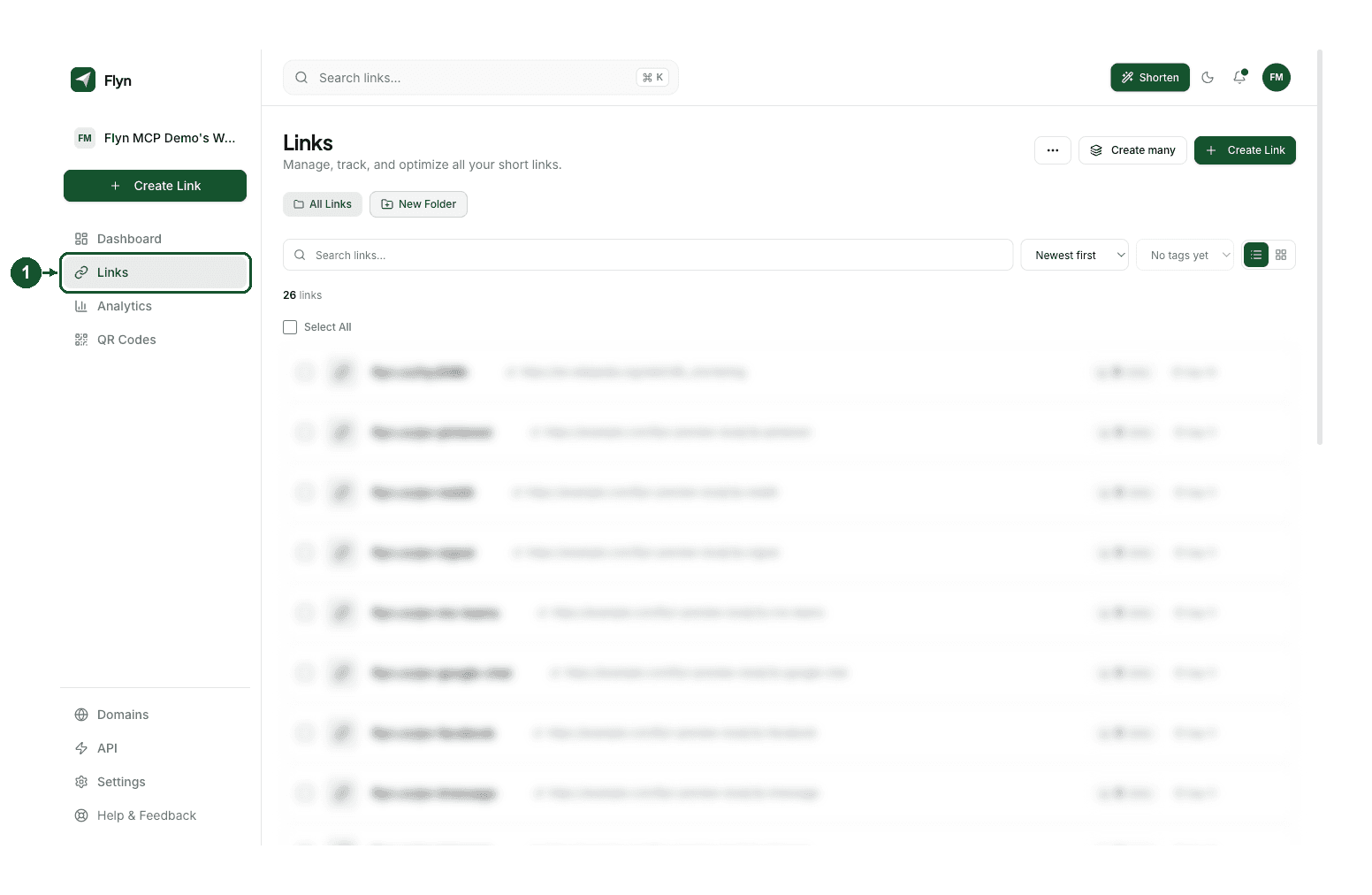 The Flyn dashboard with Links highlighted in the sidebar and the Links page open