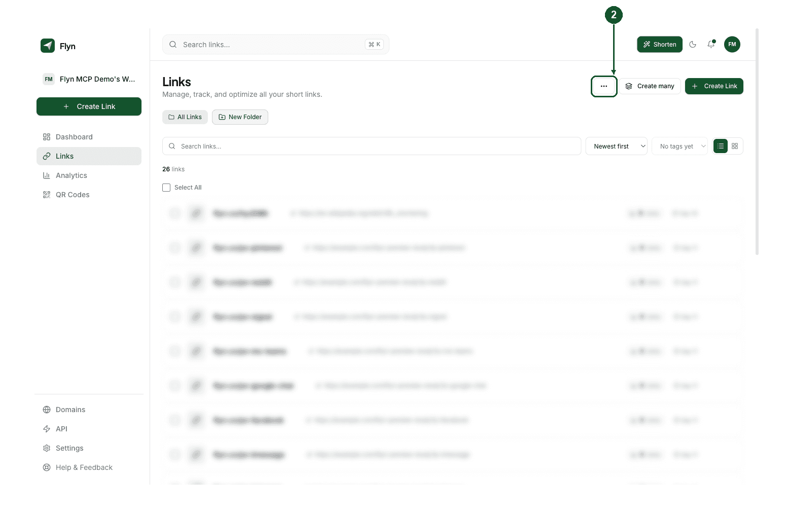 The Links page with the three-dots button to the left of Create many highlighted