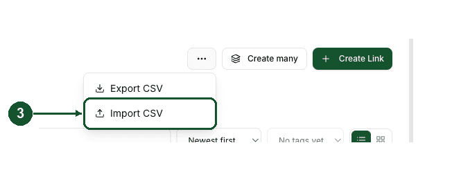 Close-up of the menu with Export CSV and Import CSV, Import CSV highlighted