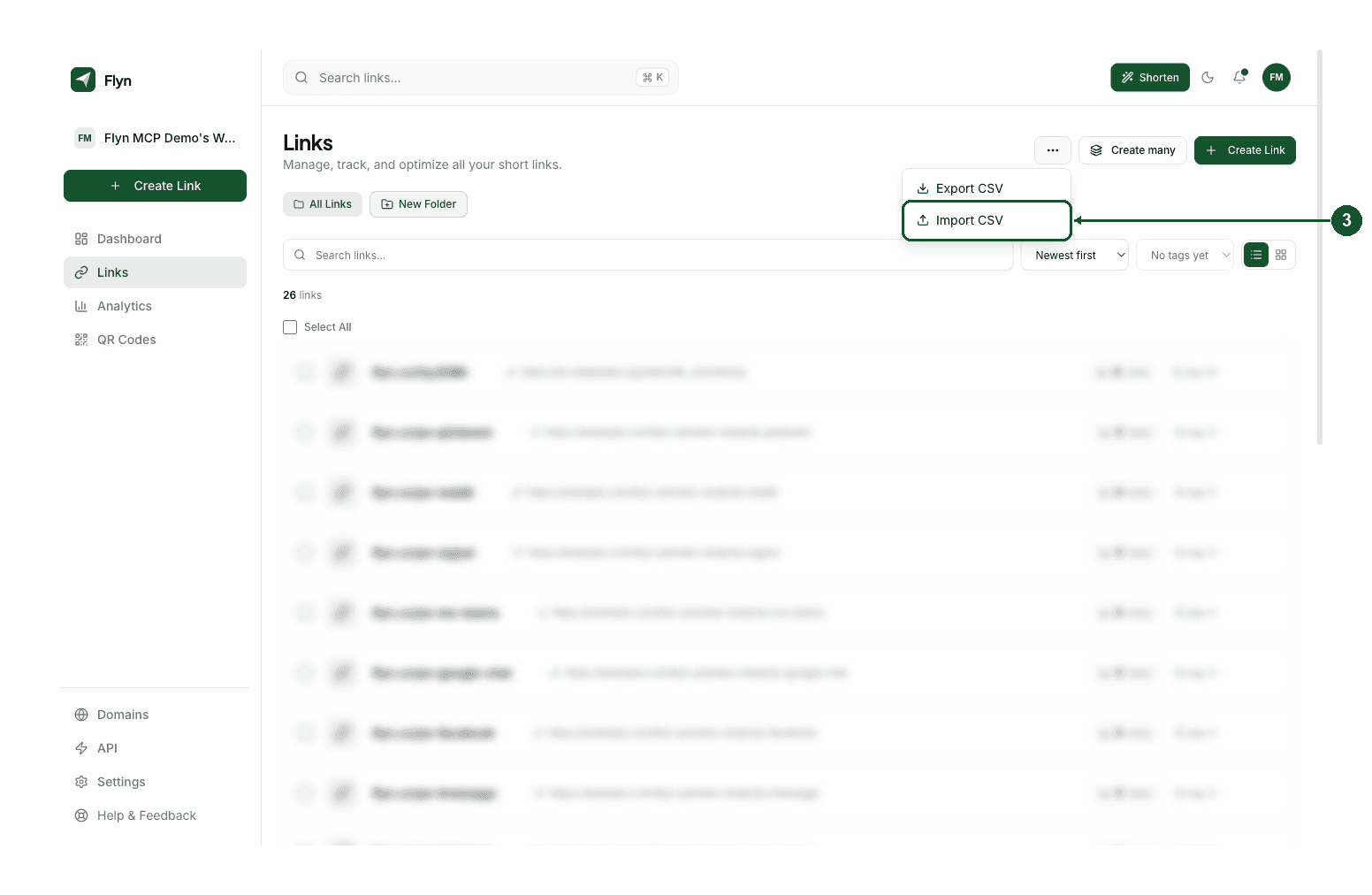 The open three-dots menu on the Links page with Import CSV highlighted under Export CSV