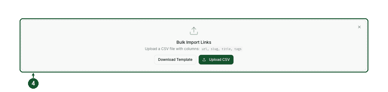 Close-up of the Bulk Import Links panel with its helper text and the Download Template and Upload CSV buttons