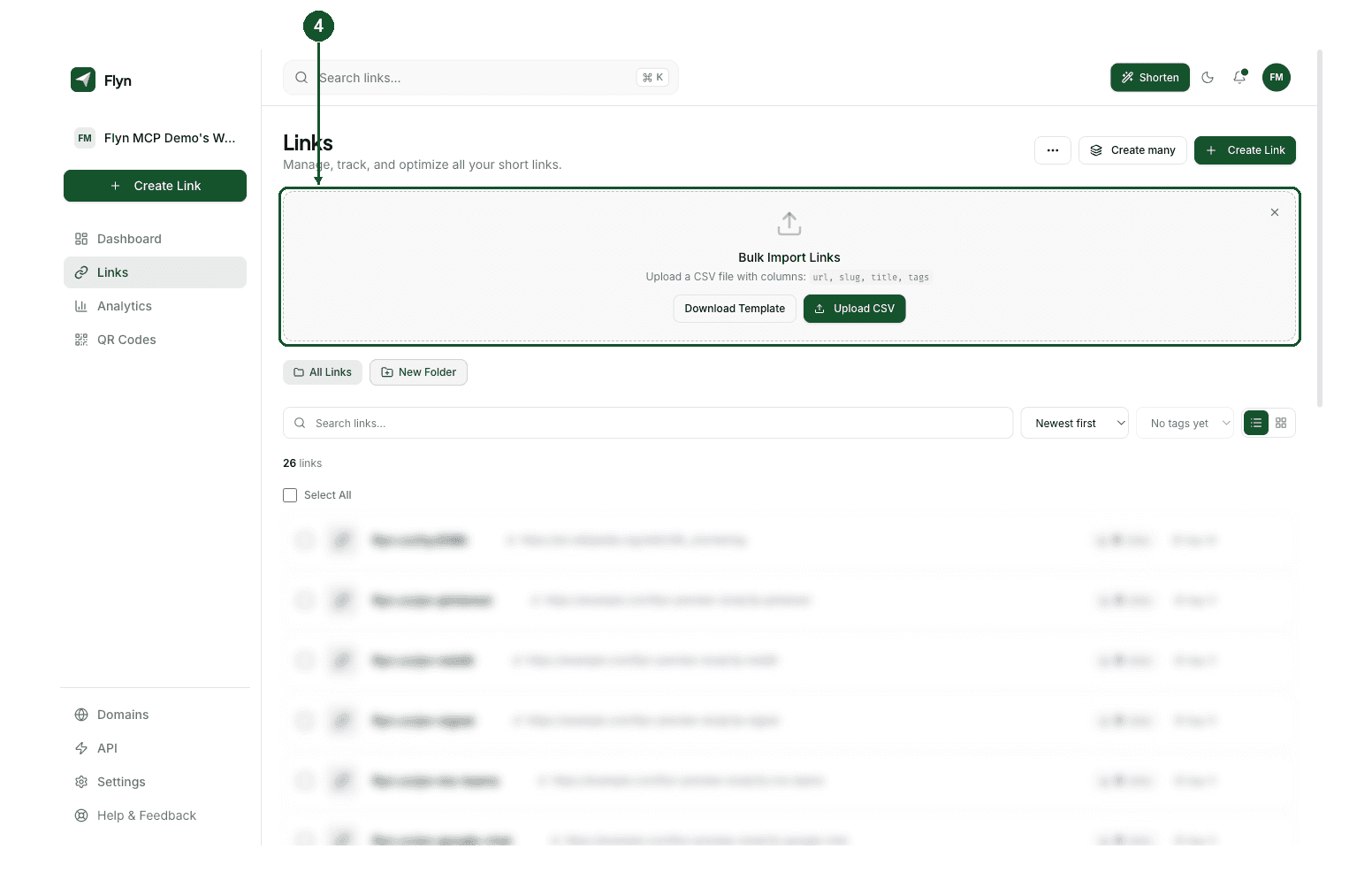 The Bulk Import Links panel open above the folder chips on the Links page